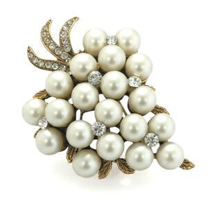 Vintage Gold Tone Grape Cluster Brooch with Faux Pearls & Clear Rhinestones